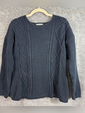 Orvis Women’s Cable Knit Crew Neck Sweater Size M Navy Cotton Pullover Fisherman